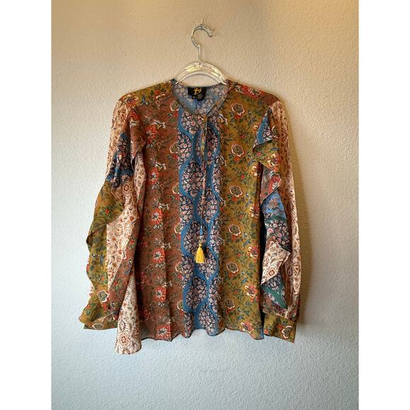 Anthropologie Iliana Floral Patchwork Ruffle Trim Boho Blouse Blue Multi XS - Picture 2 of 4